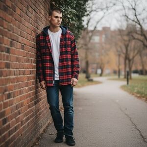 AMERICAN EAGLE | Classic Preppy Plaid Button-Down Flannel Hoodie Jacket | XL